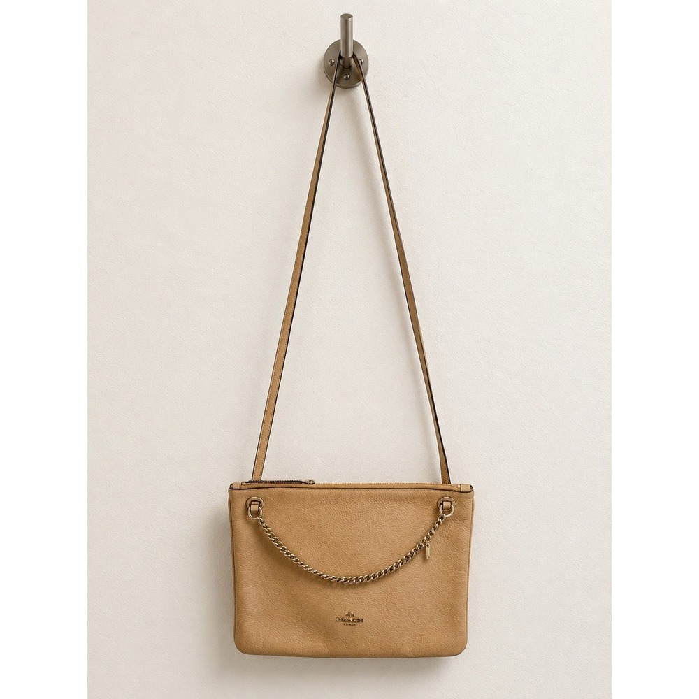 Coach Convertible Leather Tan Pebbled Cross Body Bag Purse w/Gold Chain Accent
